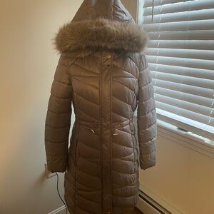 Marc New York Taupe Puffer Coat with Faux Fur Hood